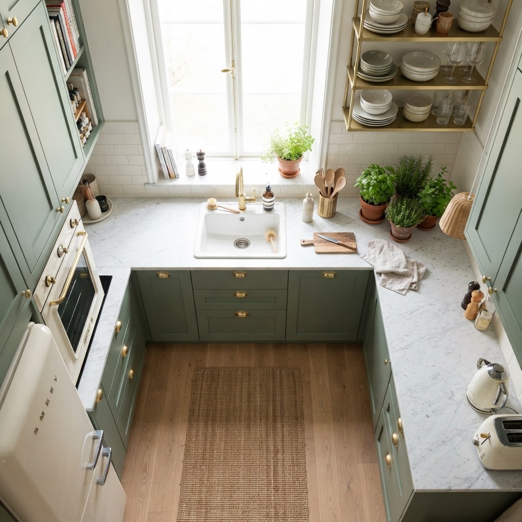 Brass fixtures paired with green cabinets offer a touch of refined elegance.