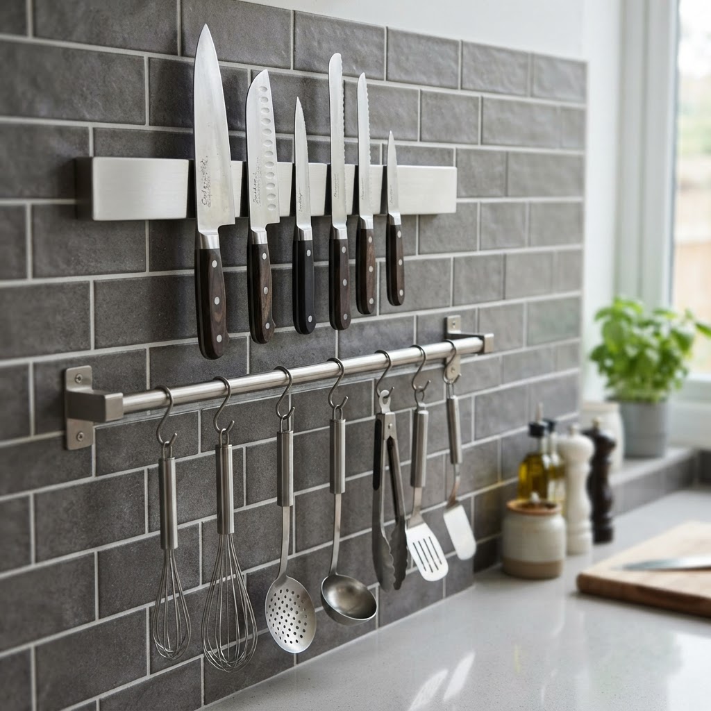 Wall-mounted rails save counter space and keep tools handy.