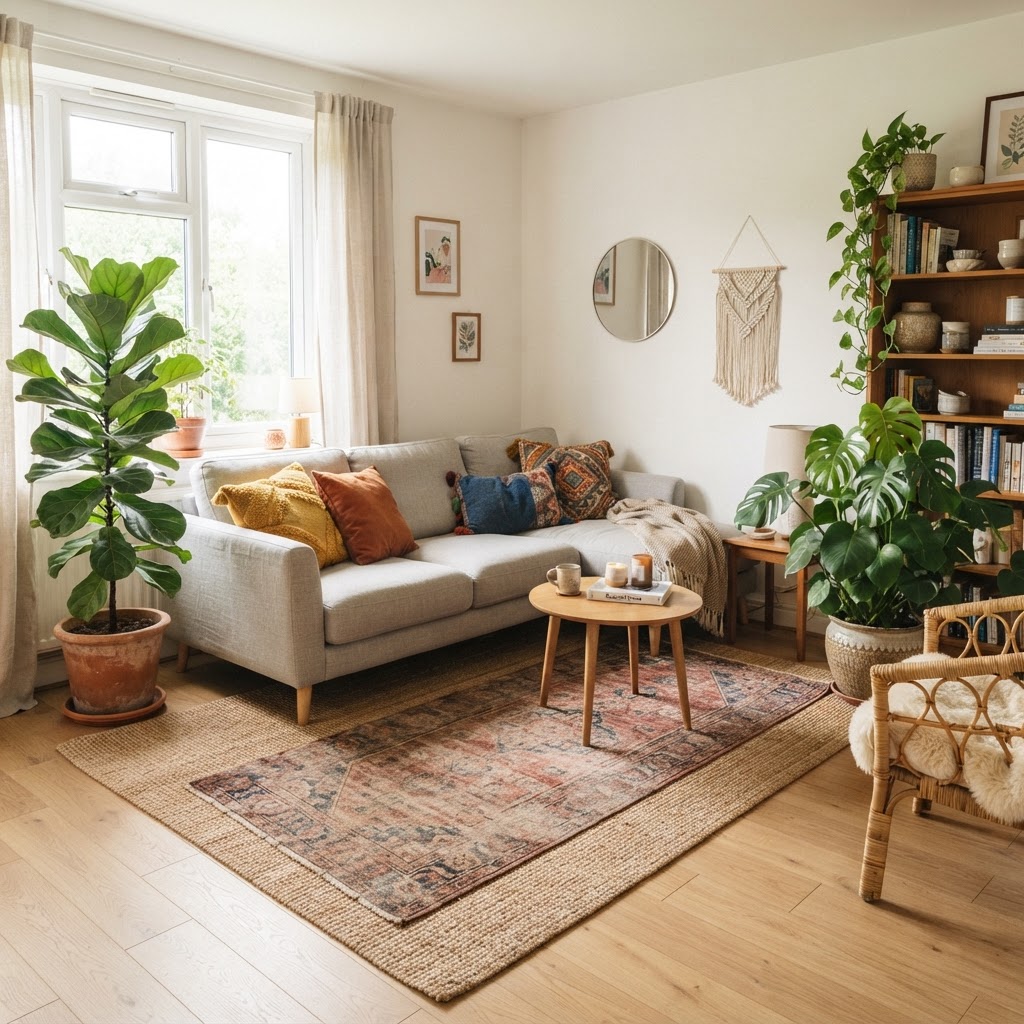 Layering textures with rugs and plants makes a small space feel luxurious.