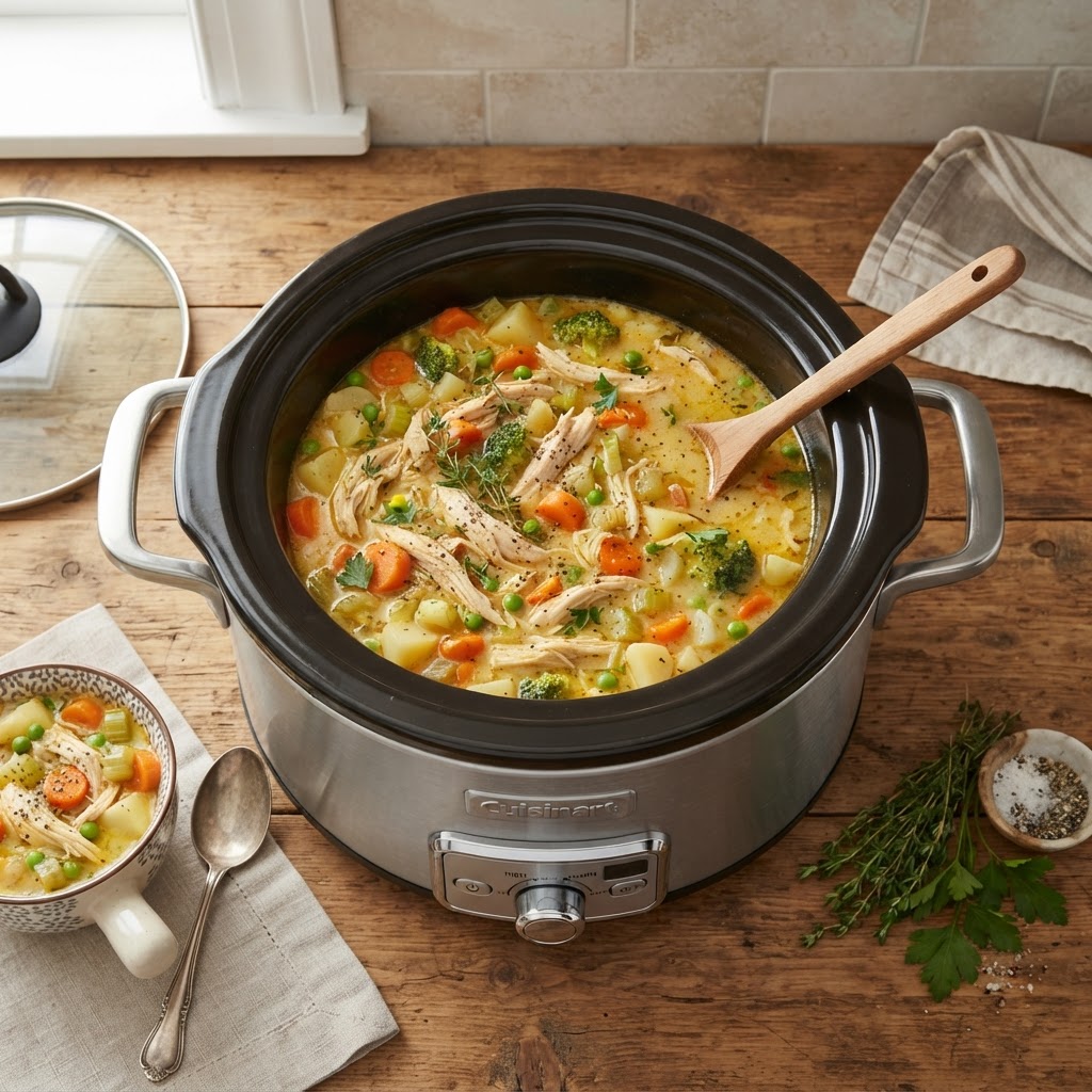 Slow cooker filled with delicious, fresh ingredients.