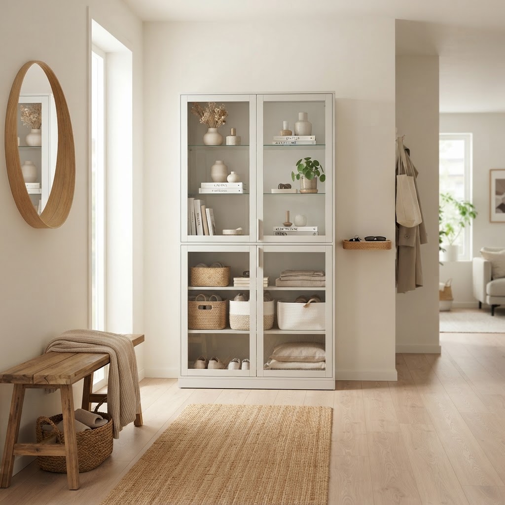 Customized BILLY bookcases provide hidden, organized storage.