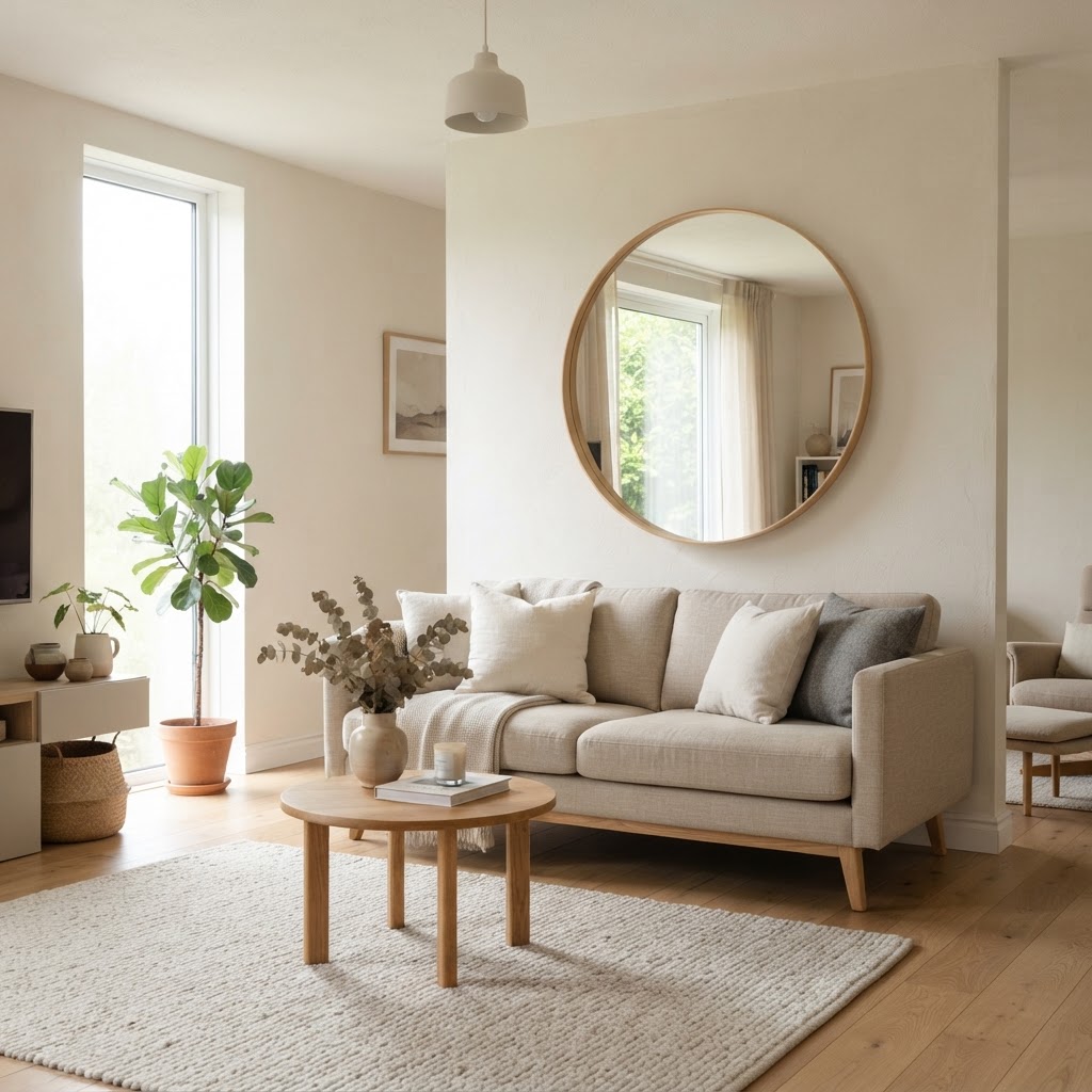 Using a large mirror opposite a window helps bounce light and expand the feel of the room.