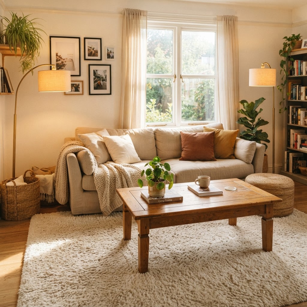 Warm, layered textures make a rental living room feel like a home.