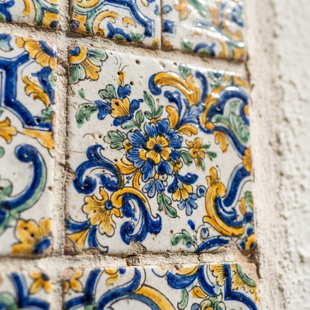 Traditional hand-painted Spanish tiles showcase exquisite craftsmanship.