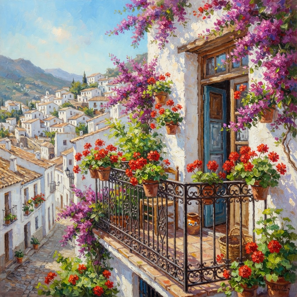 Vibrant floral displays define the classic Spanish balcony aesthetic.
