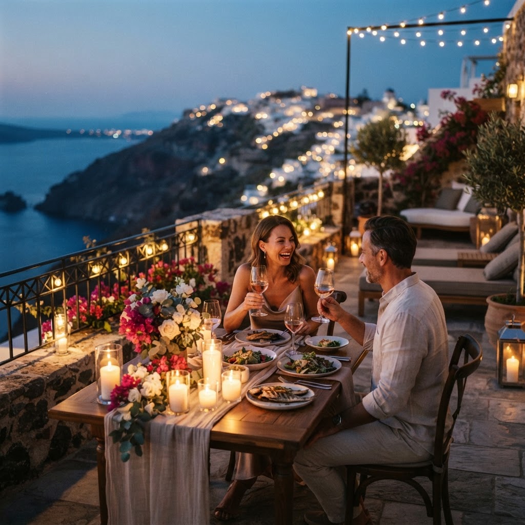 Unforgettable evenings on a private rooftop in Santorini.