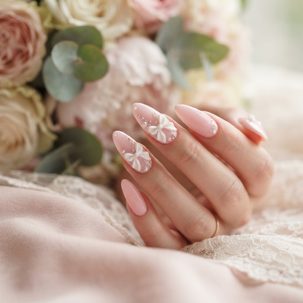 Soft pink coquette nails with 3d ribbon bows and pearls.