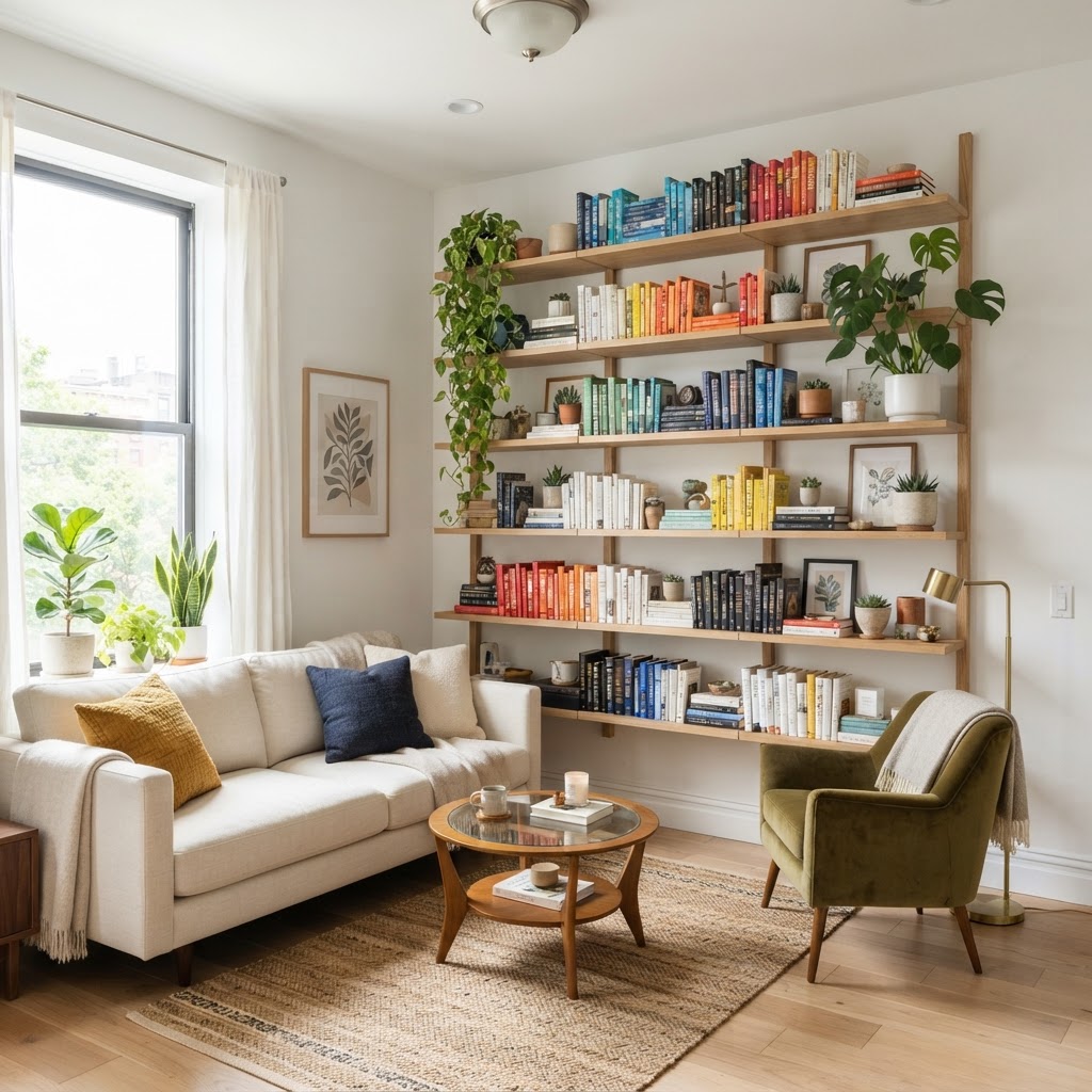Vertical storage keeps the floor clear and adds personality.