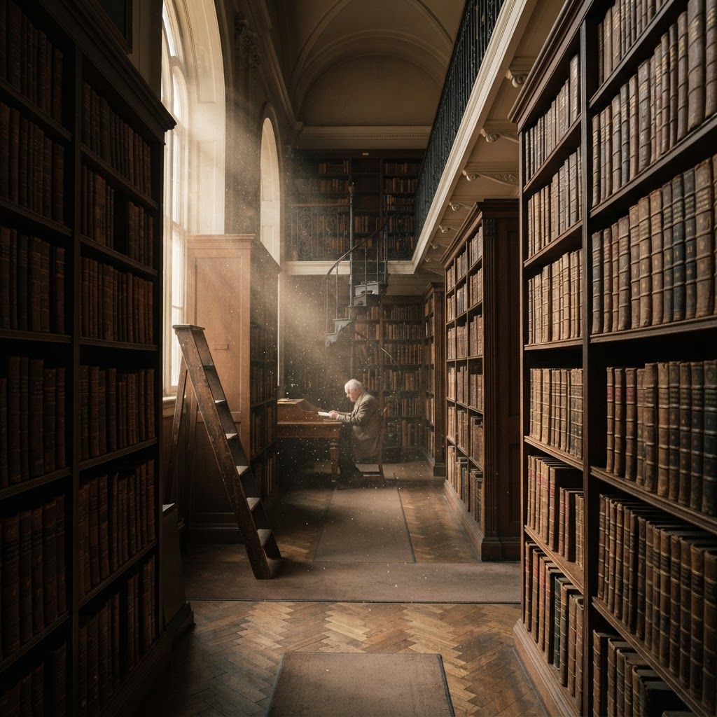 The quiet, scholarly atmosphere of a London library.