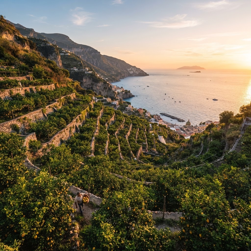 The breathtaking view of terraced Sicilian lemon groves overlooking the sea.