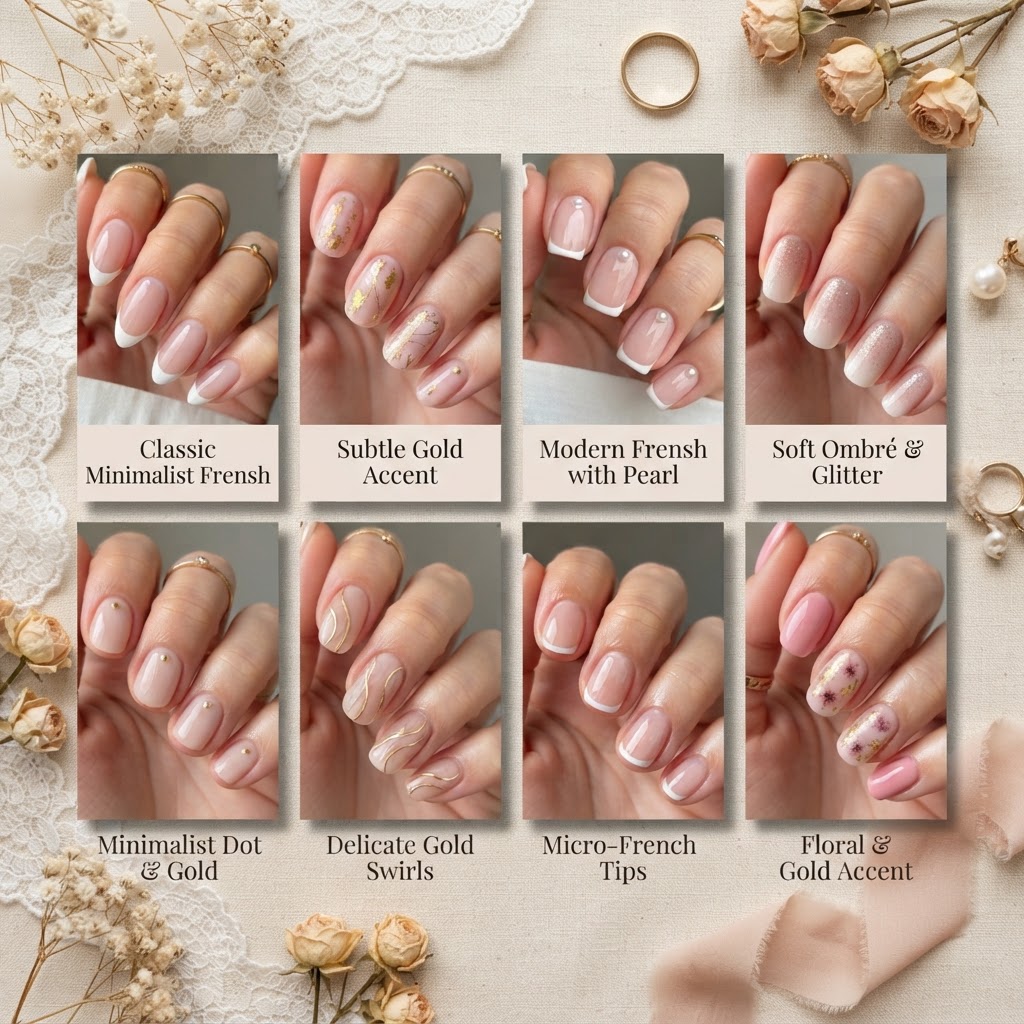Incorporate subtle accents like gold or flowers to personalize your bridal manicure.