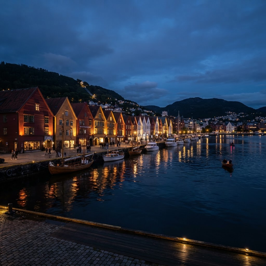 The historic wooden structures of Bryggen glow against the night sky.