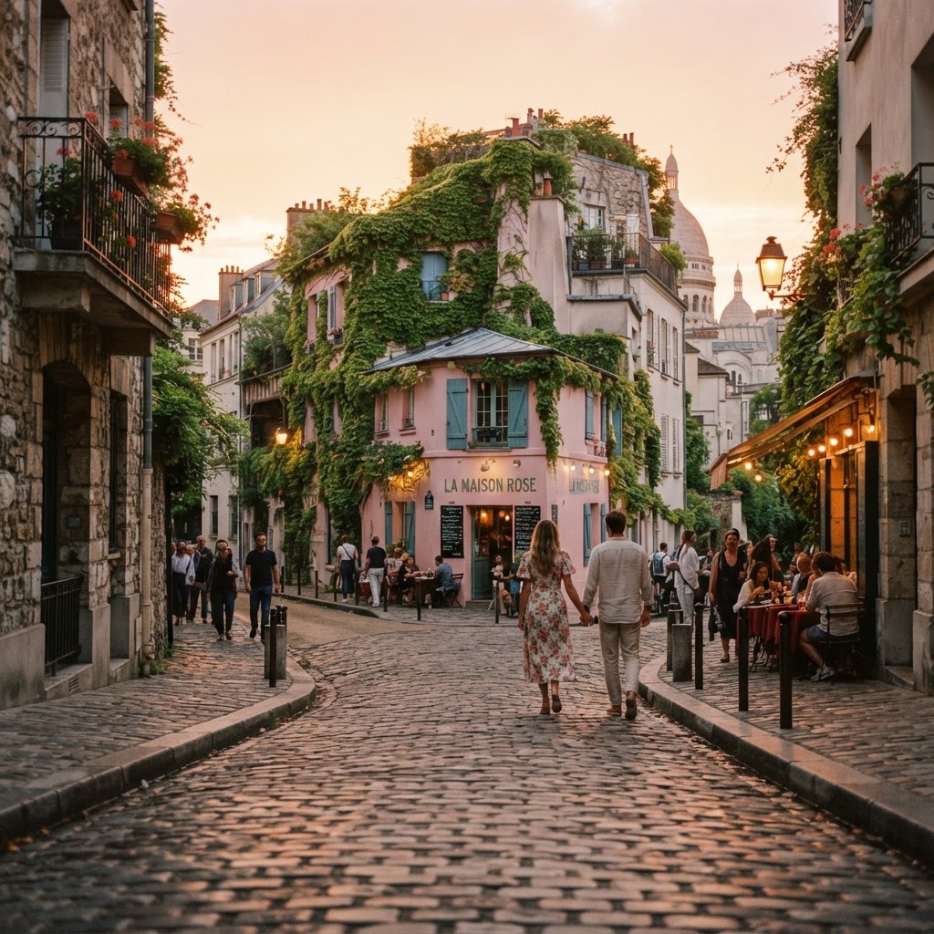 The ivy-covered charm of Montmartre at golden hour.