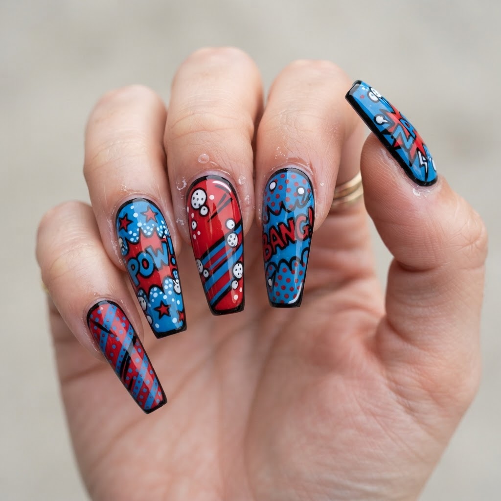 Comic-book inspired fake nails featuring bold outlines and vibrant primary colors.