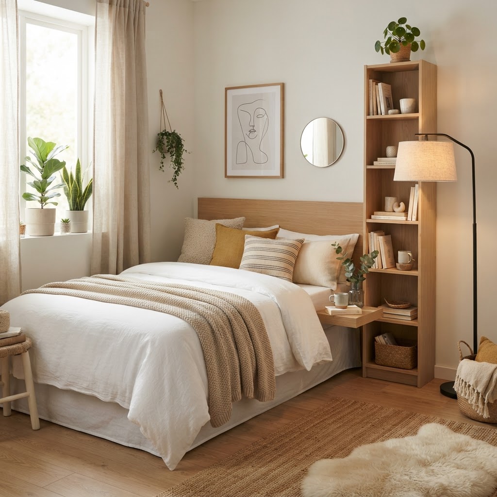 Use vertical storage and layered lighting to make a small bedroom feel larger and more inviting.