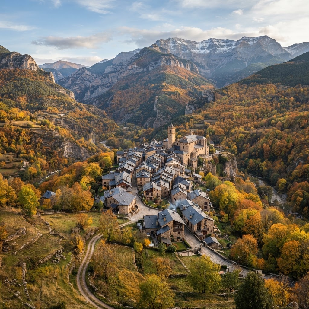Rustic stone homes nestled in the Pyrenees mountains.