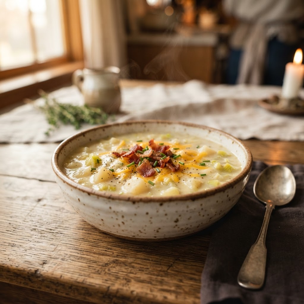A bowl of creamy potato soup ready for a cozy night.