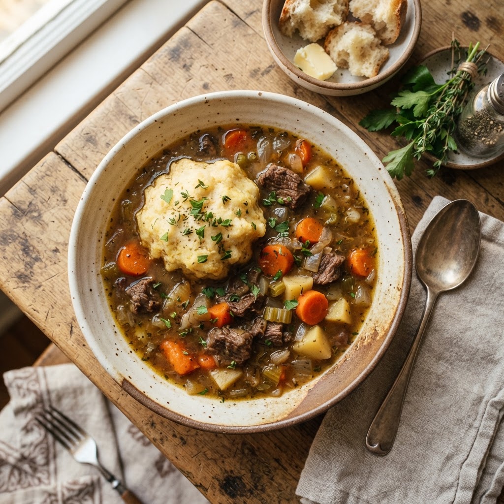 A perfectly plated serving of slow cooker beef stew with a fresh dumpling.