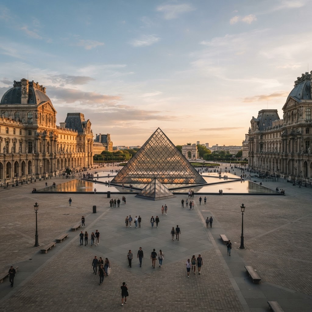 The golden hour at the Louvre captures the essence of classic Parisian luxury.