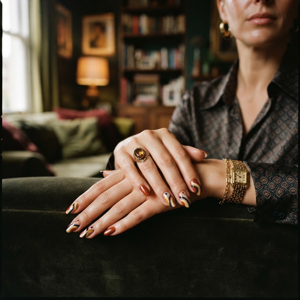 Almond-shaped press-ons provide a sophisticated retro flair.
