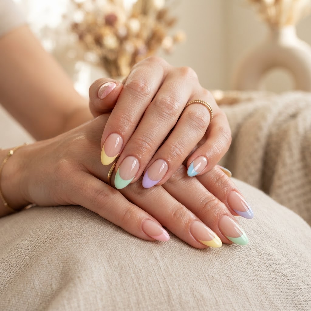 Pastel multi-color French tips on a trendy almond shape.