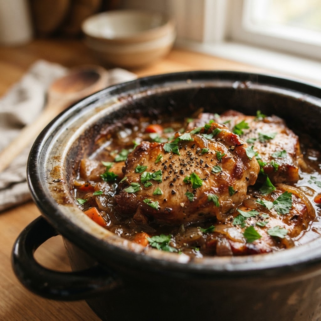 Perfectly tender pork chops fresh from the slow cooker.
