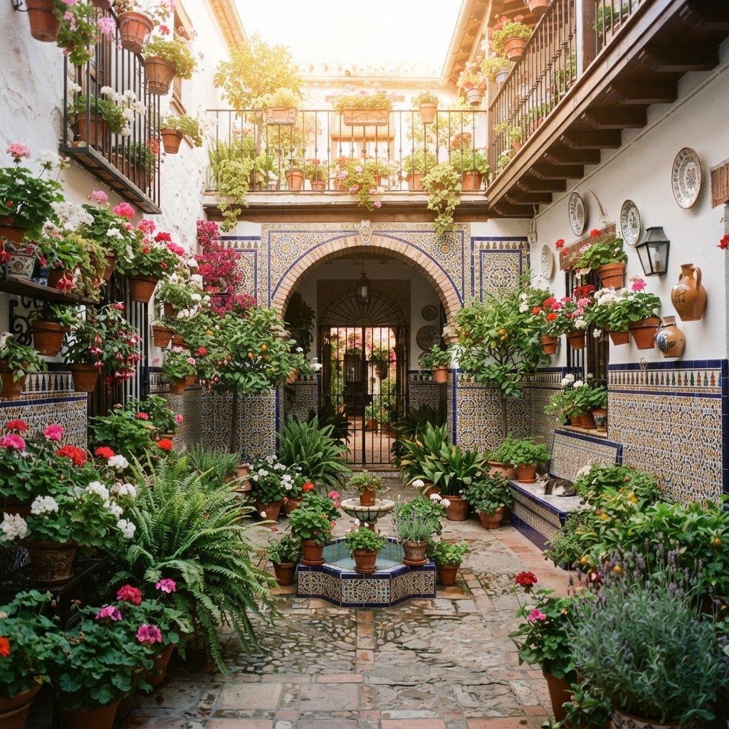 Lush and colorful traditional courtyards are the heart of Andalusian homes.