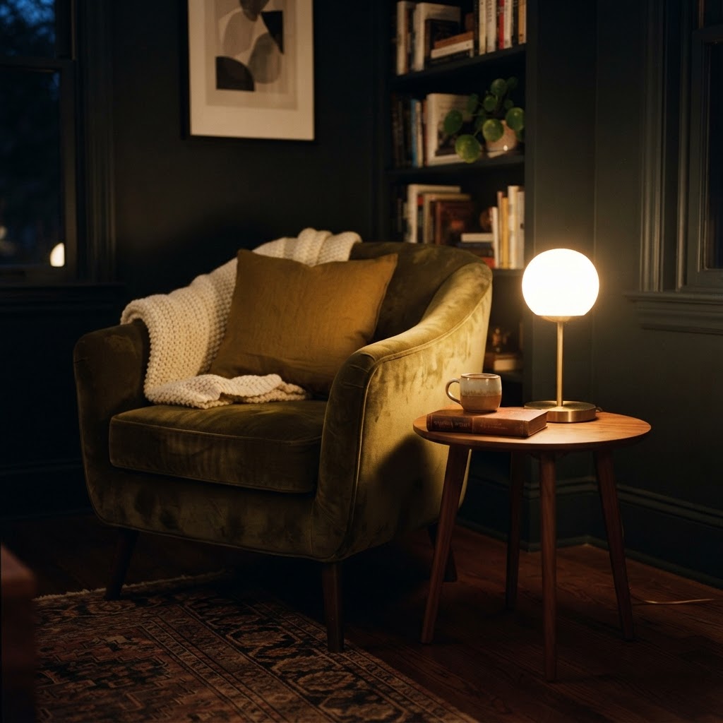 A single glow lamp creates a cozy reading nook.