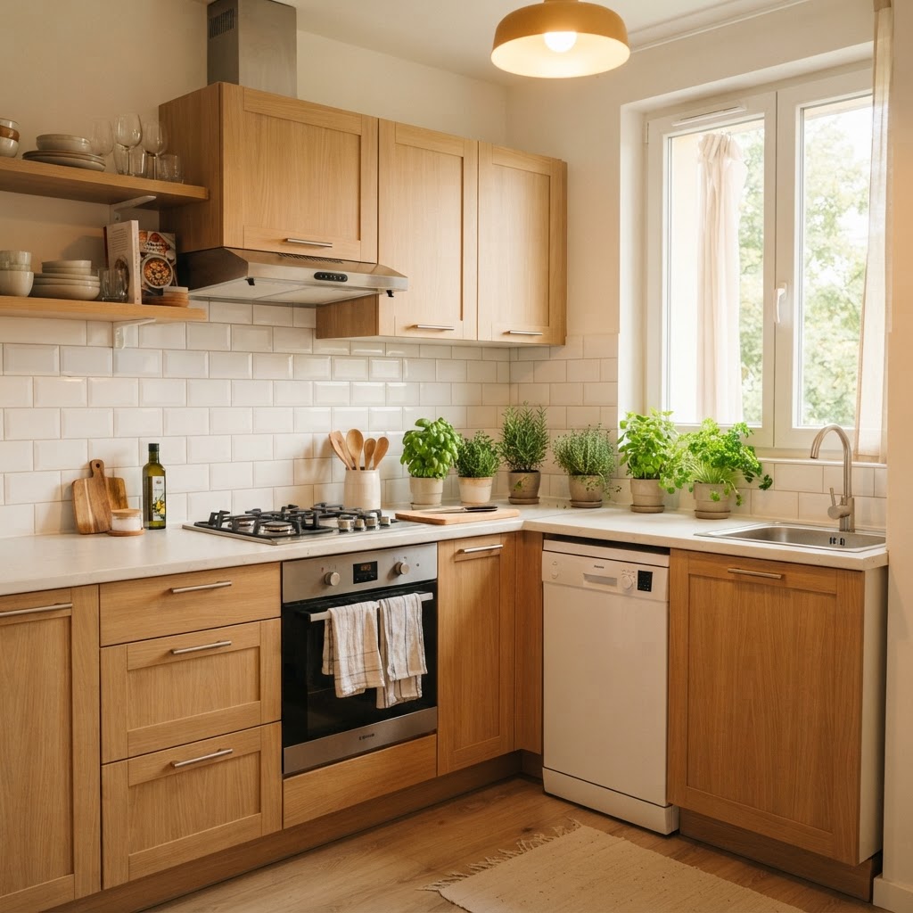 Peel-and-stick tiles add immediate personality to a neutral rental kitchen.