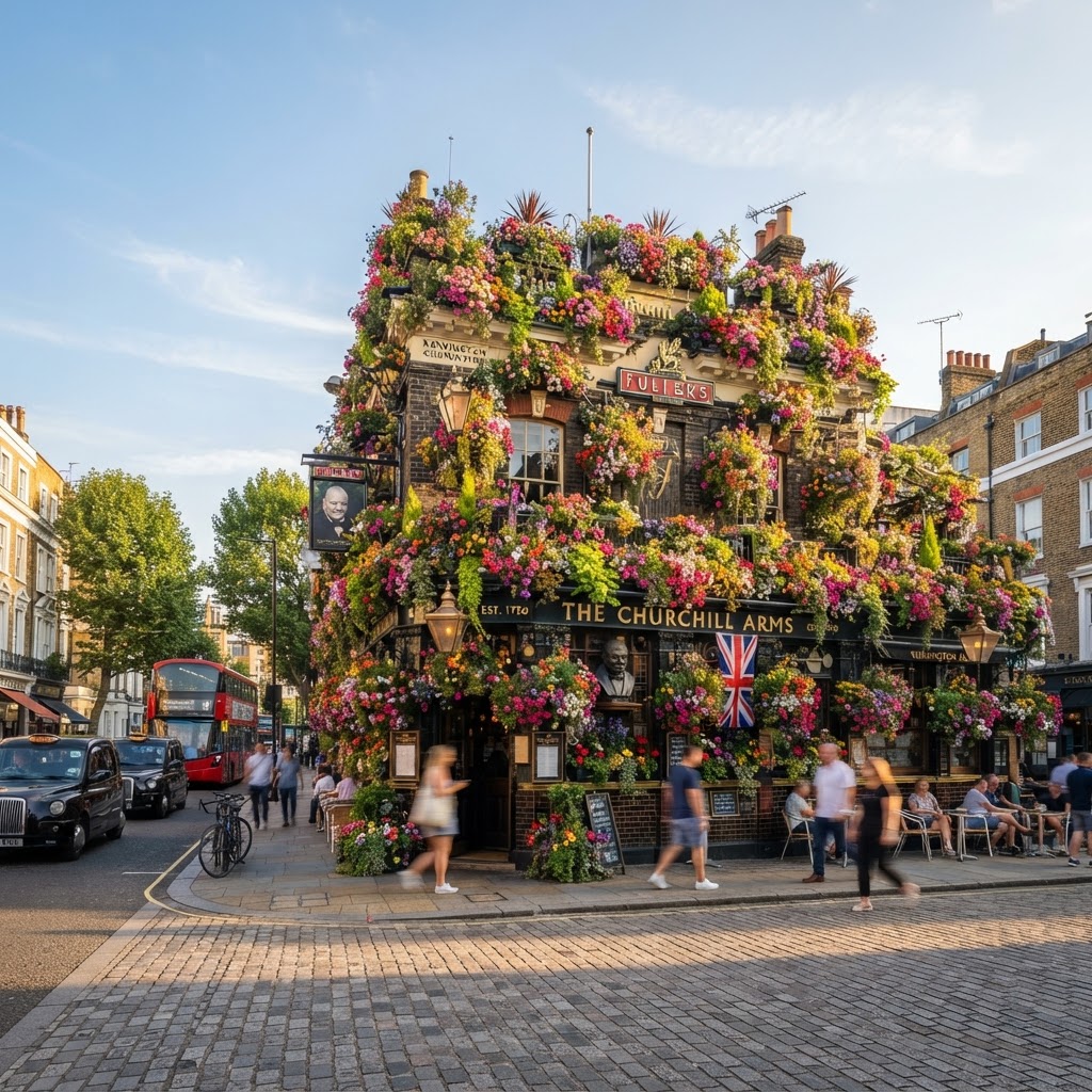 The iconic floral exterior of The Churchill Arms.
