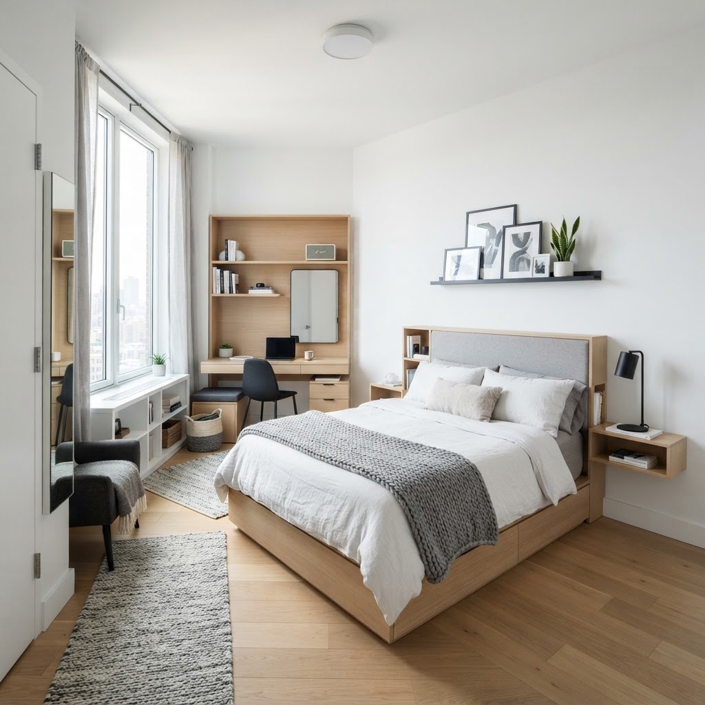 A well-organized, minimalist layout proves that small rooms can feel incredibly spacious.