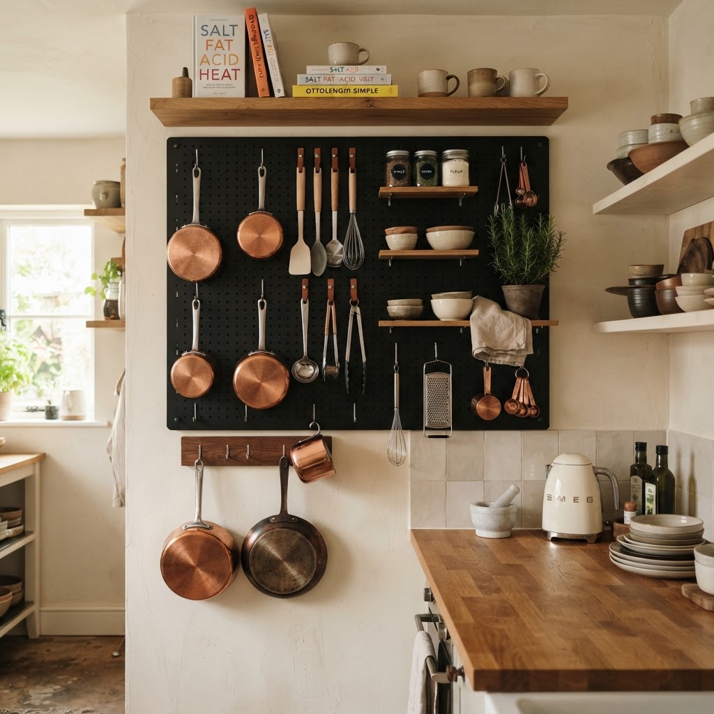 Functional vertical storage using a pegboard.