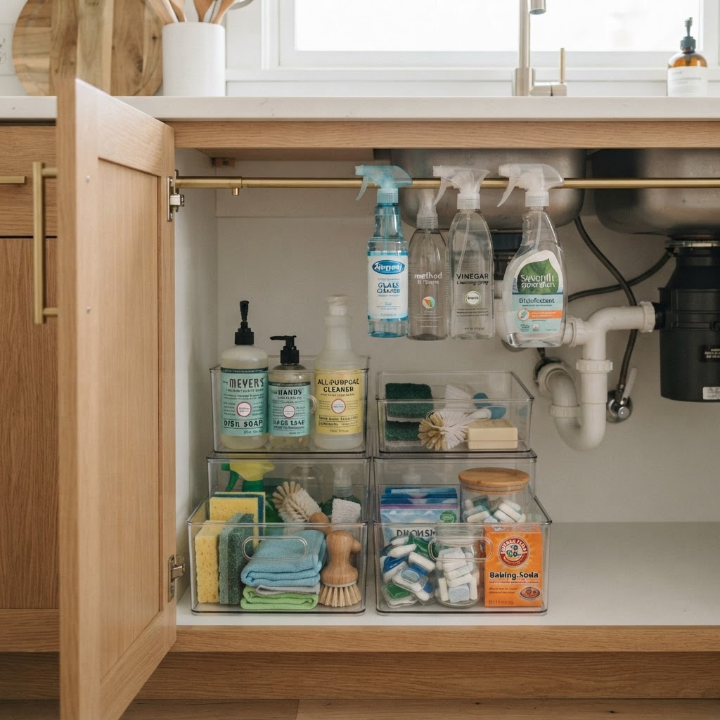 Tension rods and clear bins create an organized under-sink area.