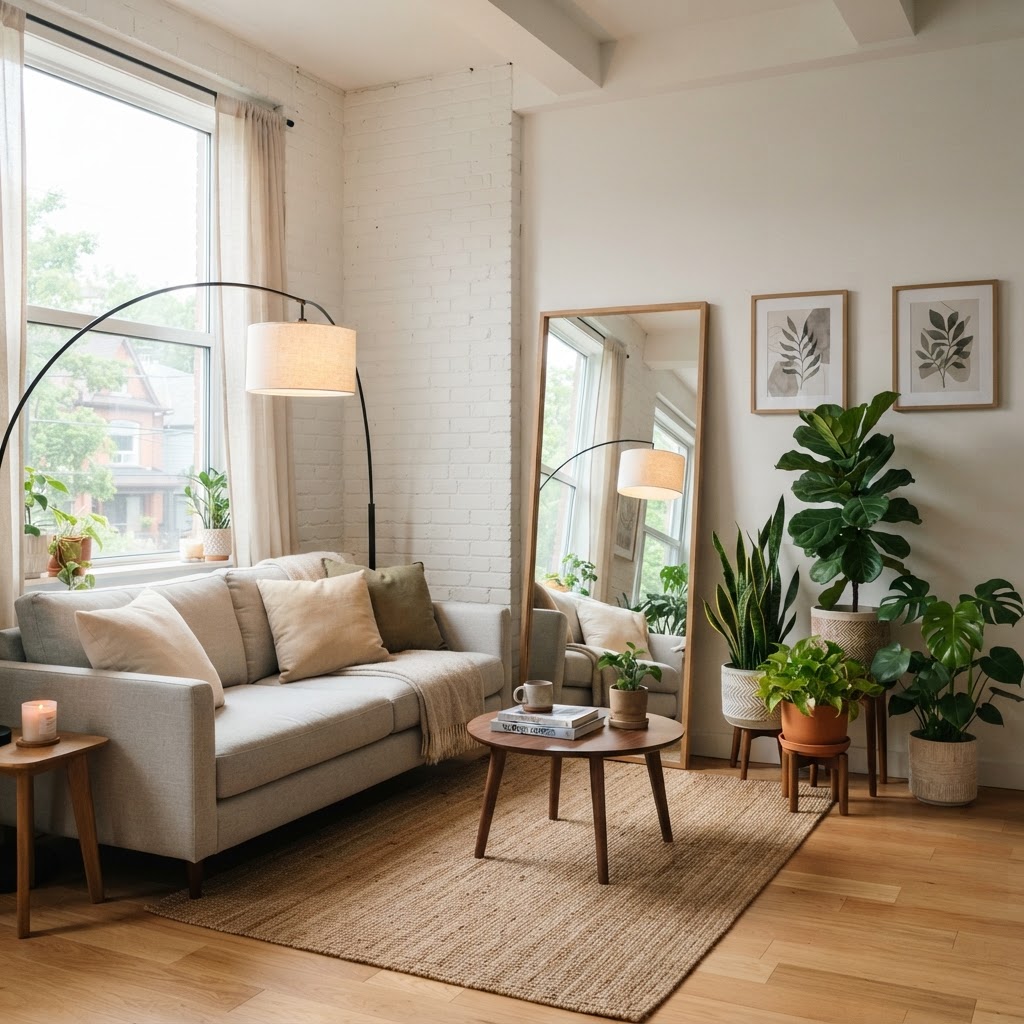Use mirrors and floor lamps to expand the visual boundaries of your tiny apartment.