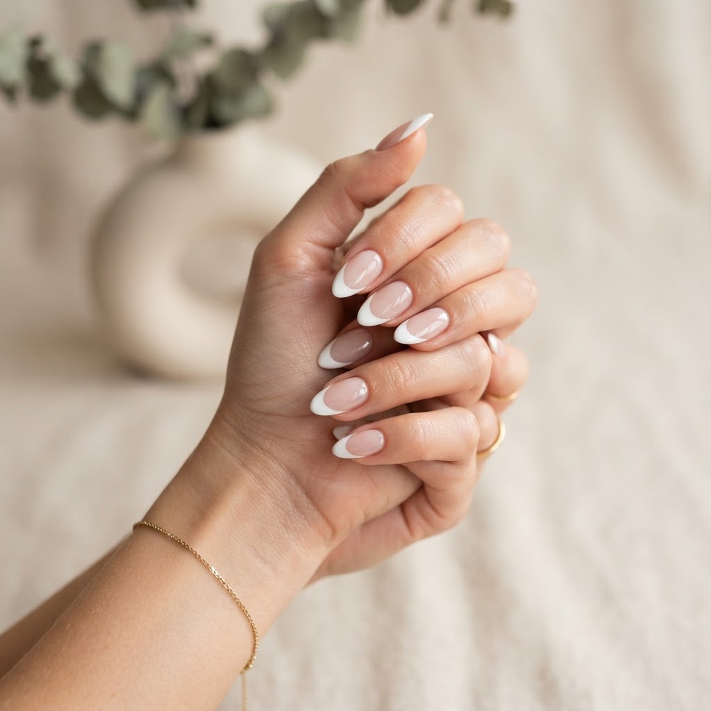 Classic almond-shaped French tip press-on nails for a sophisticated look.