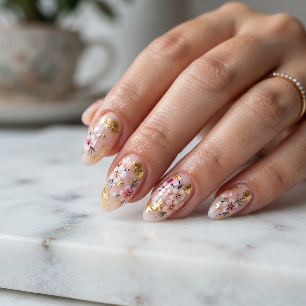 Elegant press on nails ideas featuring floral details and gold leaf.