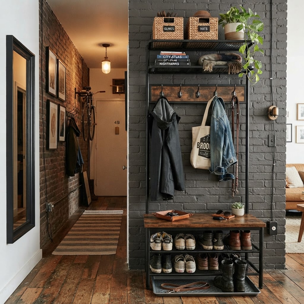 Industrial-inspired hall tree perfect for narrow, modern apartment entryways.