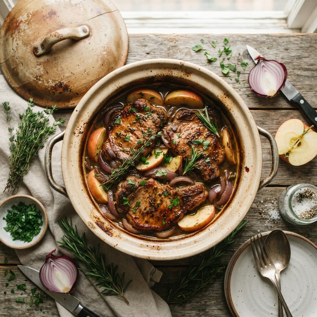 Savory slow cooker pork chops with apples and onions.