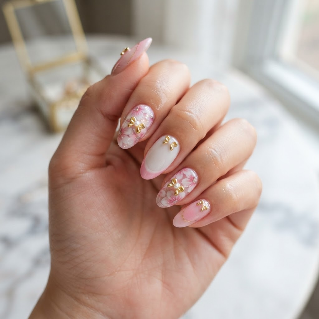 Sophisticated almond-shaped press-on nails with delicate bow charms.