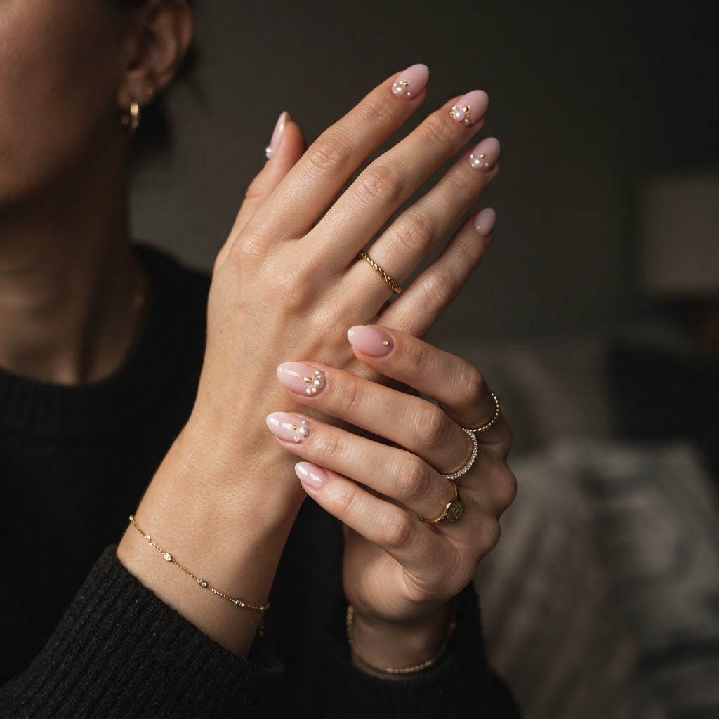 Sophisticated soft pink nails with gold jewelry.