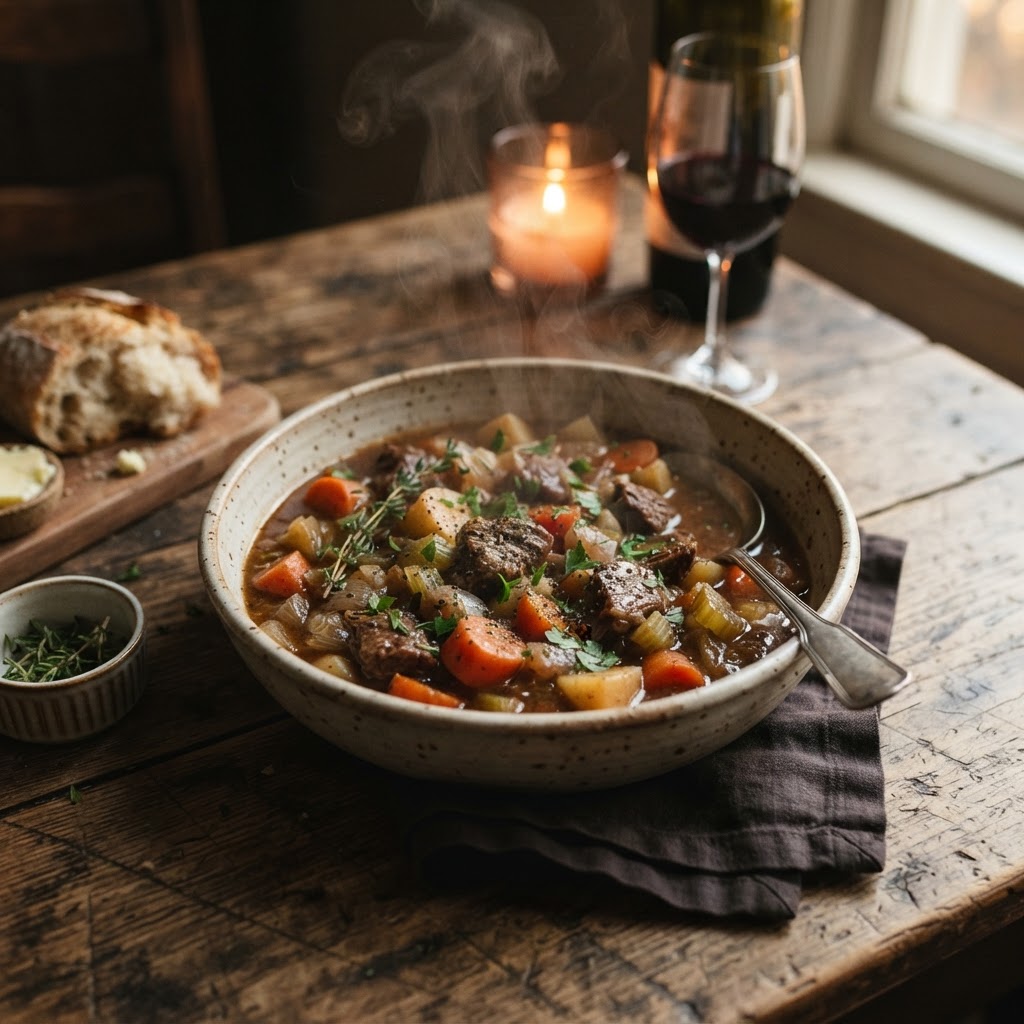 A perfect bowl of homemade slow cooker beef stew.