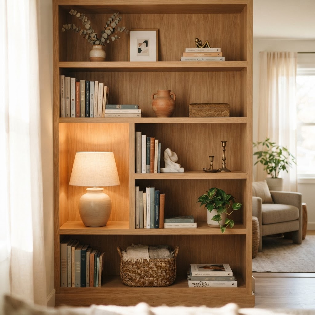 Curated shelves make surfaces look polished and intentional.