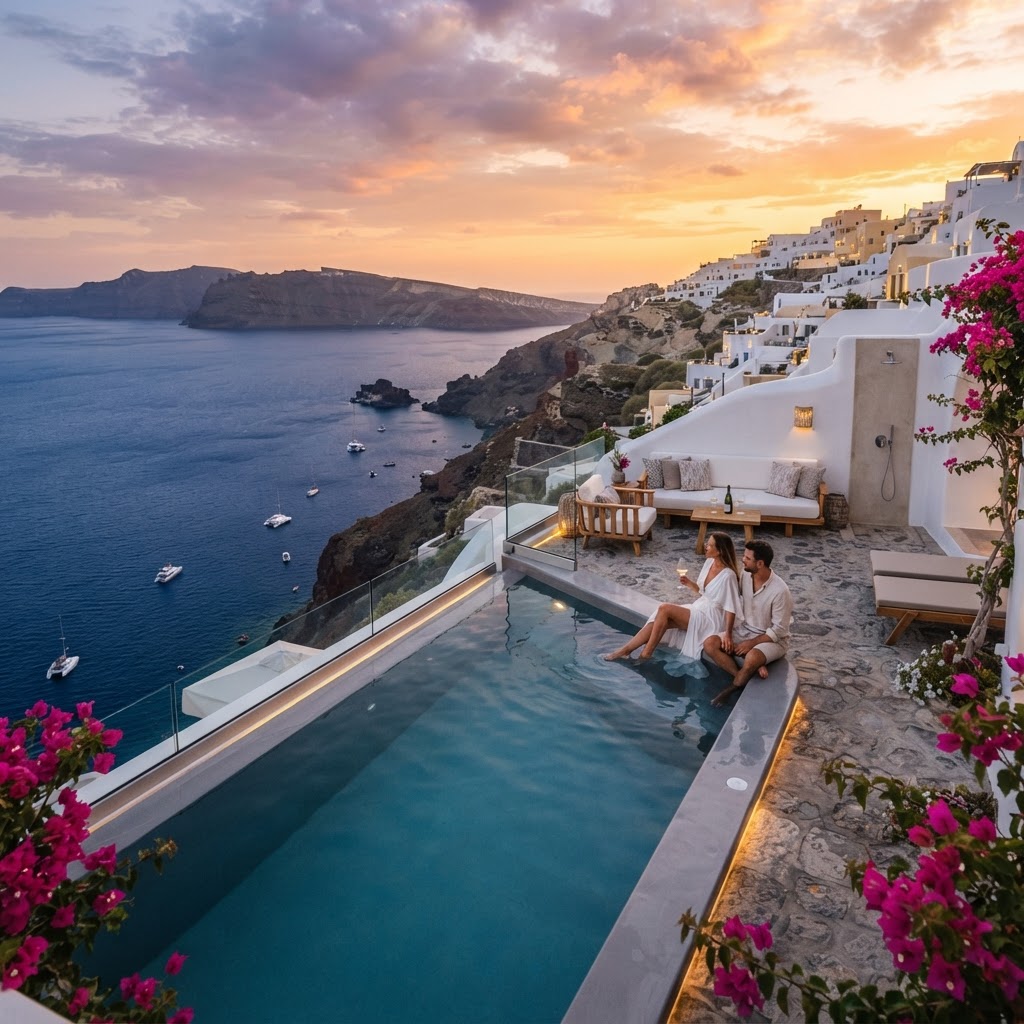 The ultimate sunset view from a private infinity pool in Oia.