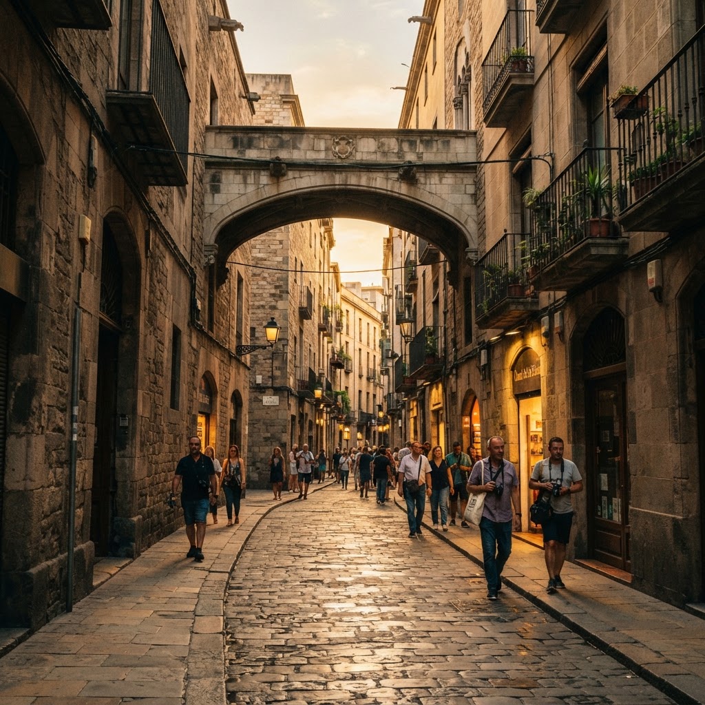 The golden light of dusk illuminates the historic alleys of the Gothic Quarter.