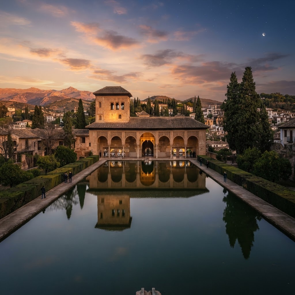The sun sets over the historic Alhambra in Granada.
