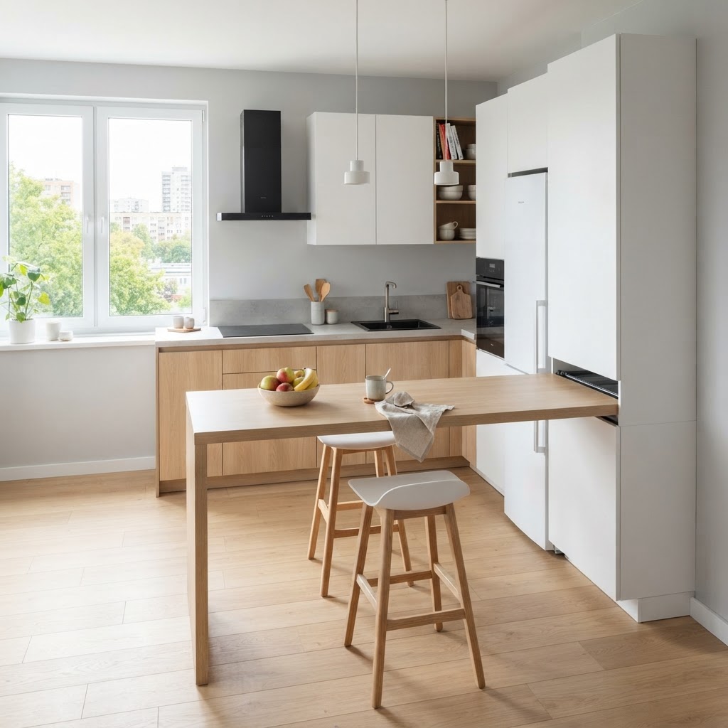 A hidden peninsula provides extra room for cooking and eating in tight spaces.