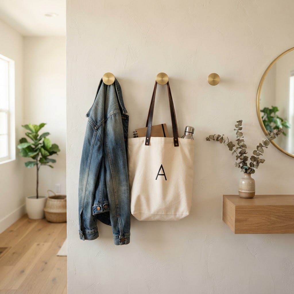 Minimalist brass hooks are a perfect space-saving solution for coats and bags.