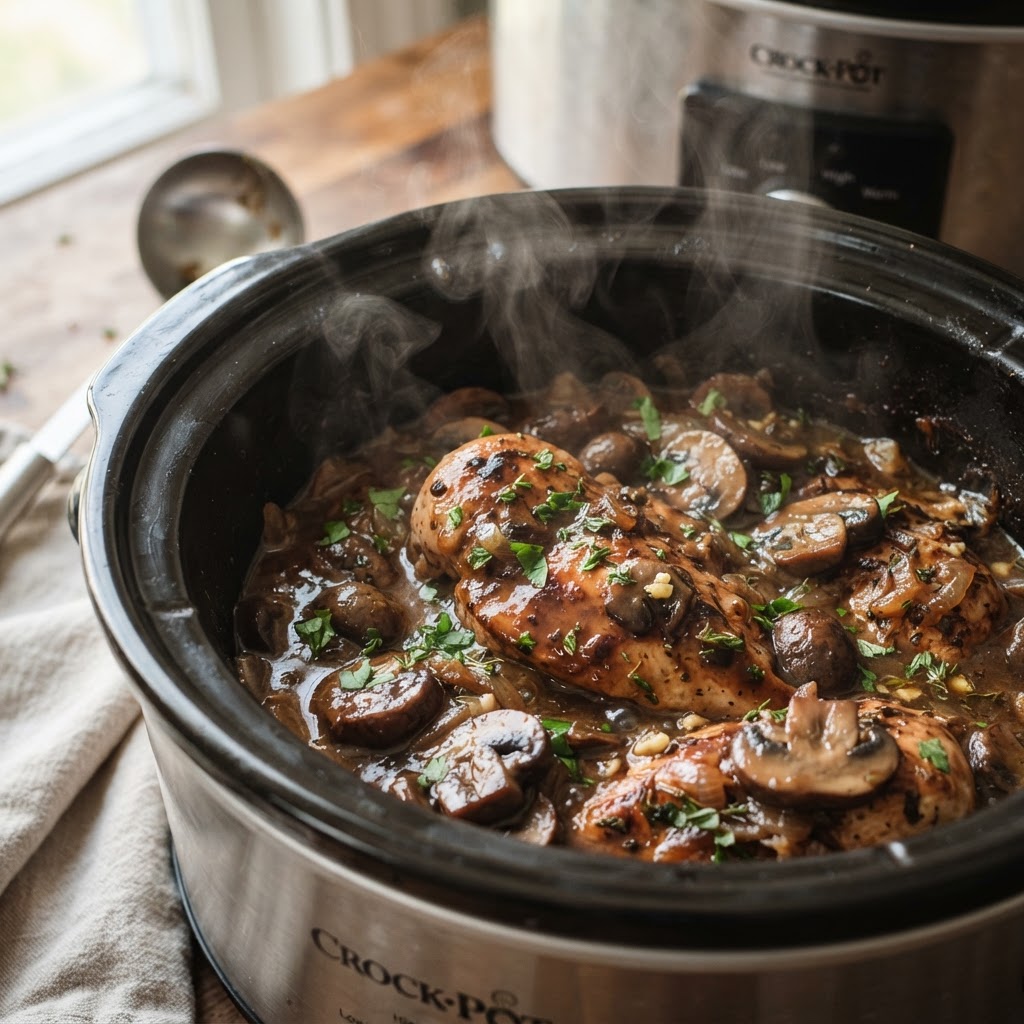 Close-up of the perfectly cooked marsala sauce and mushrooms.