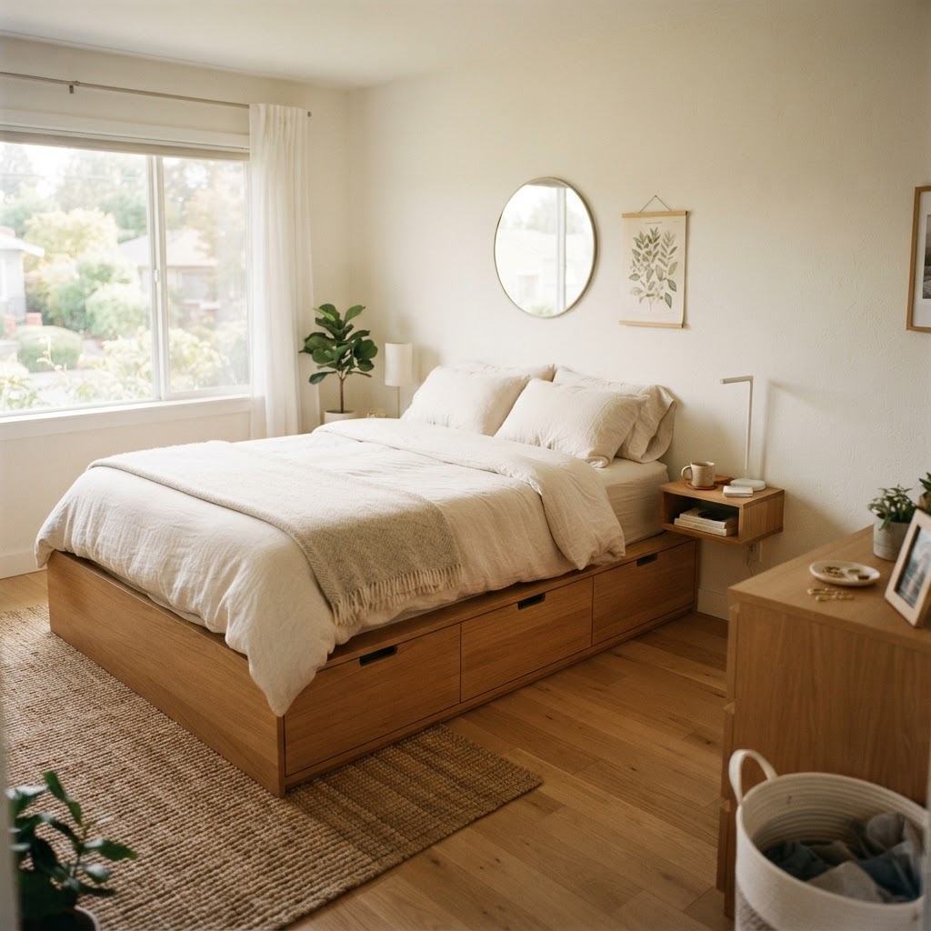 A platform bed with integrated drawers maximizes space in small bedrooms.