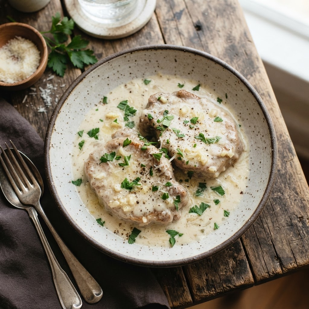 Tender garlic parmesan pork chops finished with fresh herbs and cheese.